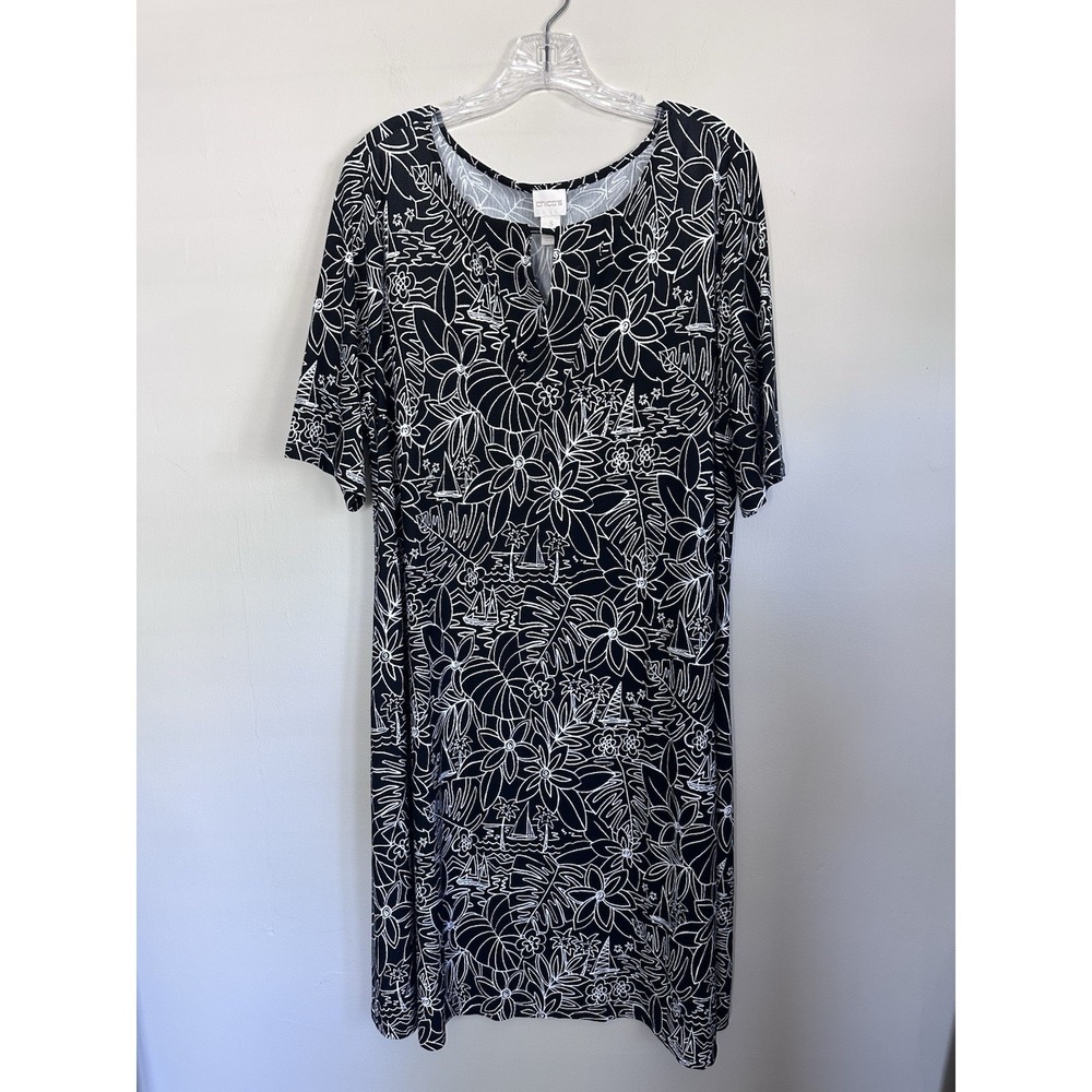 NWT Chico's Black & White Keyhole Neck Short‎ Sleeve Tropical Palm Dress Size 3
